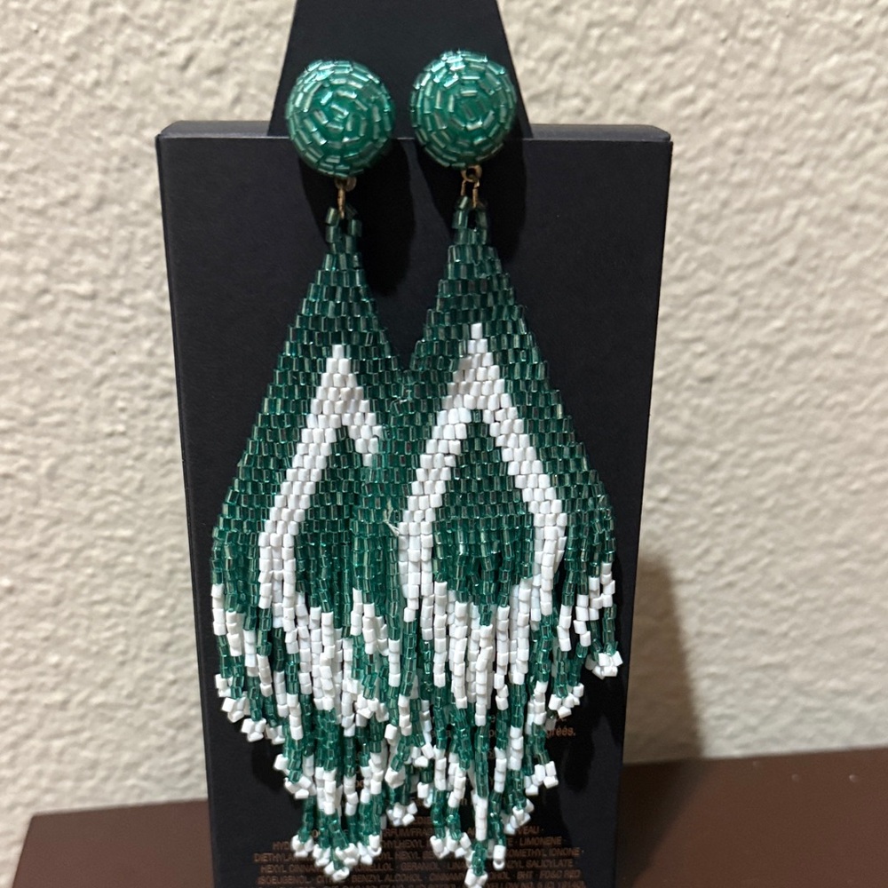 New Emerald & White Beaded 5" Fringe Drop Statement Earrings